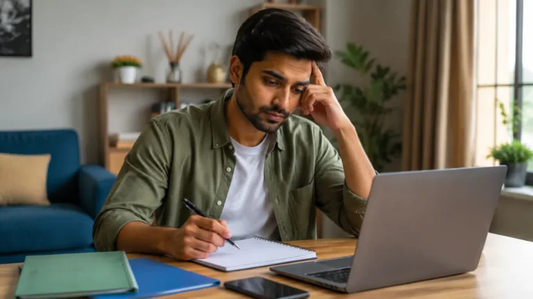 A thoughtful man struggling to begin work while sitting with an open laptop and blank notebook at home.