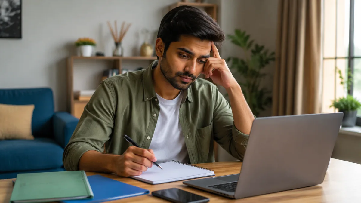 A thoughtful man struggling to begin work while sitting with an open laptop and blank notebook at home.
