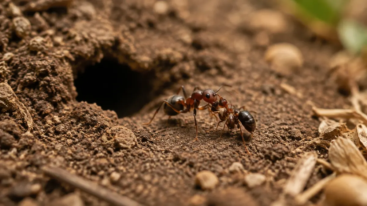 Worker ant carrying a dead nestmate away from a soil nest entrance