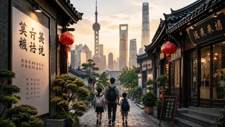Chinese family walking through a traditional street toward a modern city skyline, symbolizing education, family support, opportunity, and long-term success.