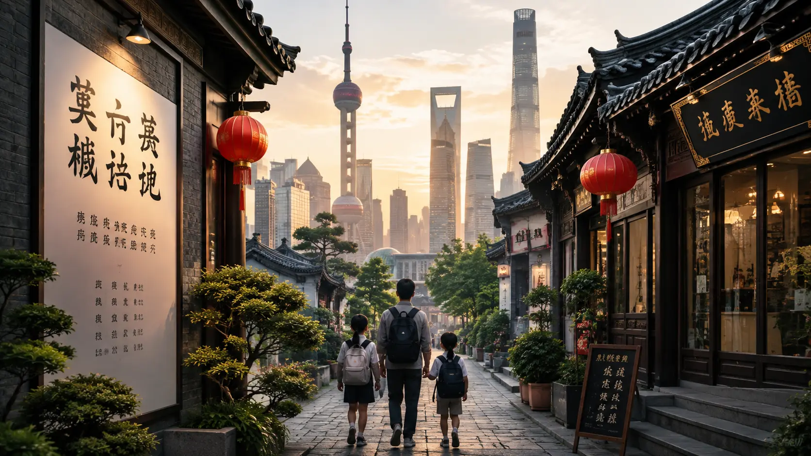 Chinese family walking through a traditional street toward a modern city skyline, symbolizing education, family support, opportunity, and long-term success.