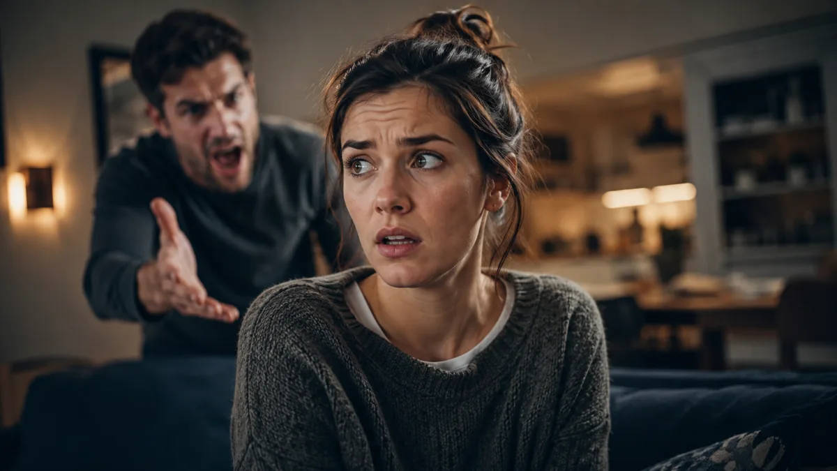 A distressed woman freezes and looks away while a man raises his voice during a tense conversation at home.