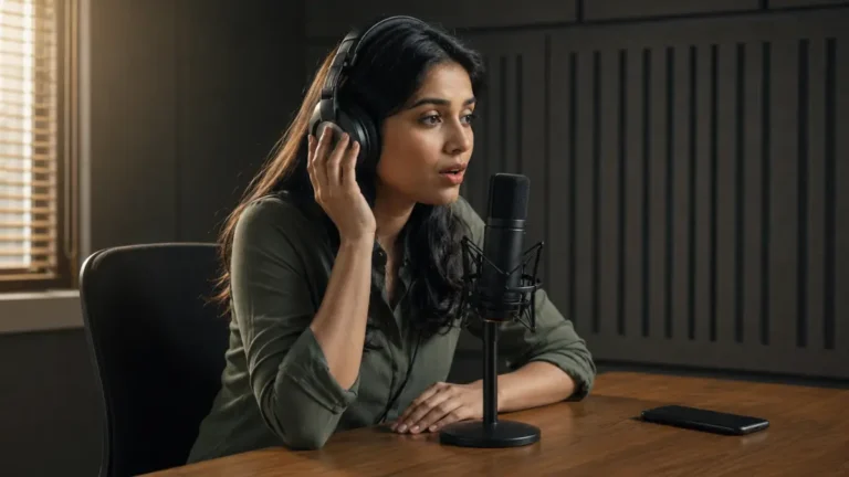 Indian woman lifting one headphone earcup while comparing her recorded voice and speaking into a studio microphone.