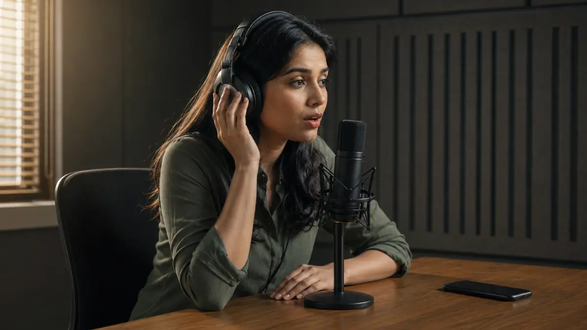 Indian woman lifting one headphone earcup while comparing her recorded voice and speaking into a studio microphone.