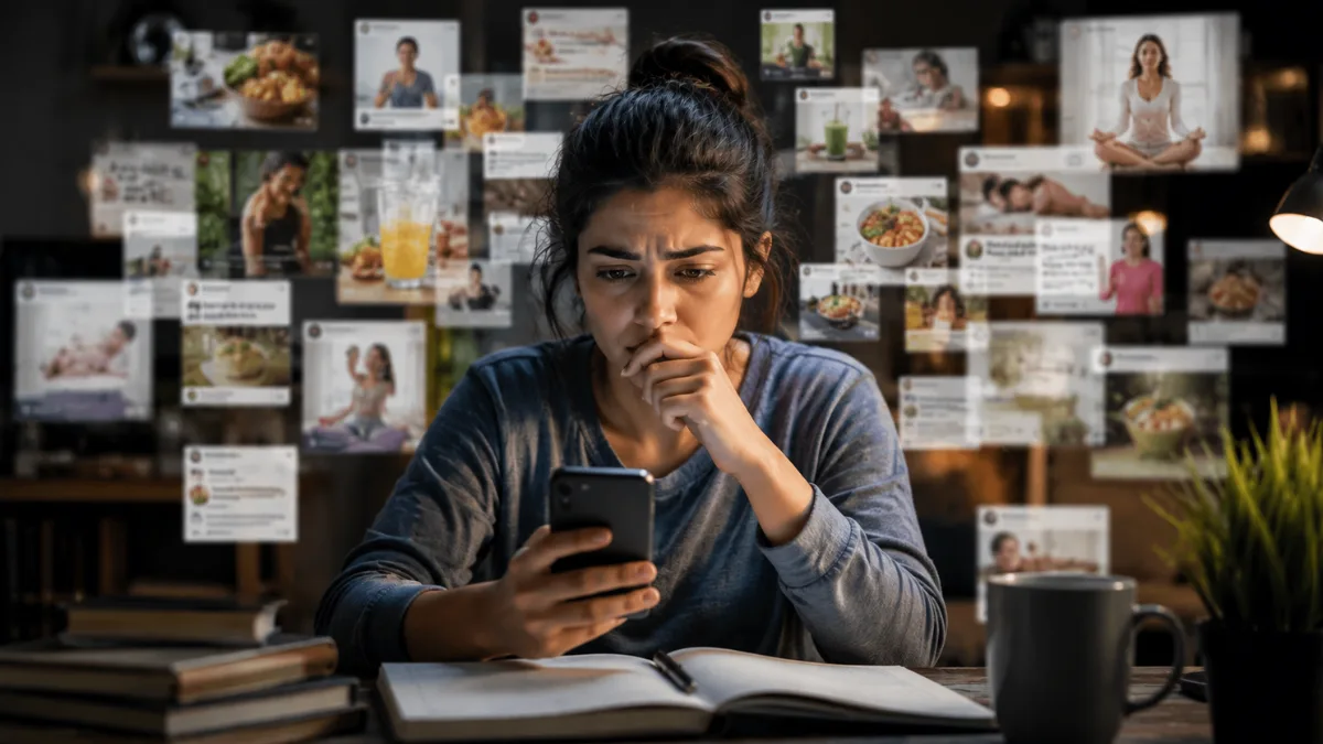 Woman reviewing repeated social media claims on her phone, illustrating how familiar information can begin to feel true.