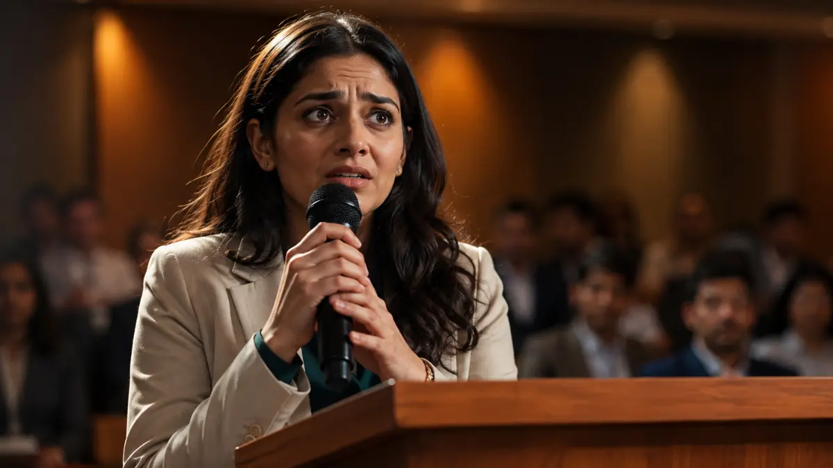 Nervous woman holding a microphone during a public presentation as an audience watches from the background.