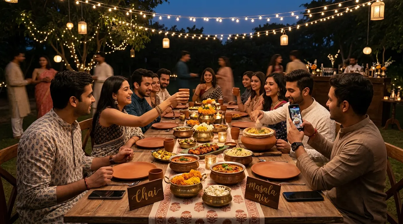 Friends gathered around a beautifully decorated outdoor wooden dinner table adorned with fairy lights, brass bowls, marigolds, clay pots, and Desi food, taking photos on their phones during an aesthetic evening party.