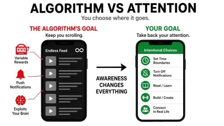 Infographic comparing algorithm-driven scrolling with intentional phone use and attention control