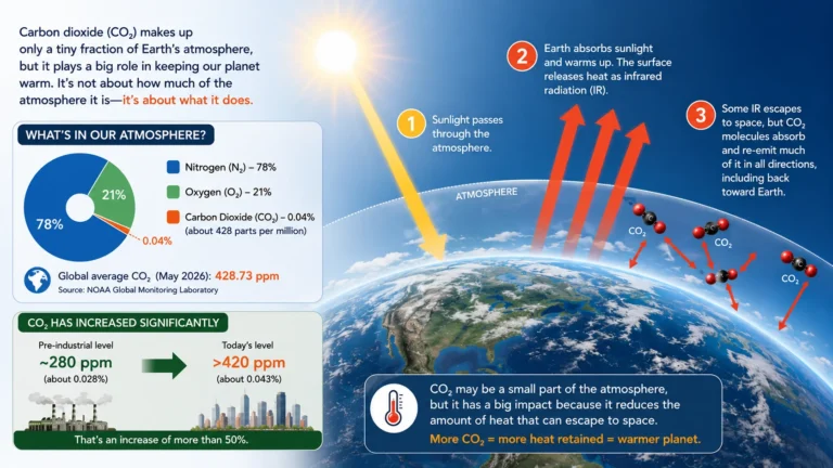 Infographic showing how a small amount of atmospheric CO2 absorbs outgoing infrared heat and contributes to global warming