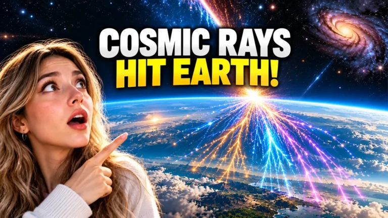 Surprised woman pointing at a cosmic ray striking Earth’s atmosphere and creating a bright particle shower above the planet