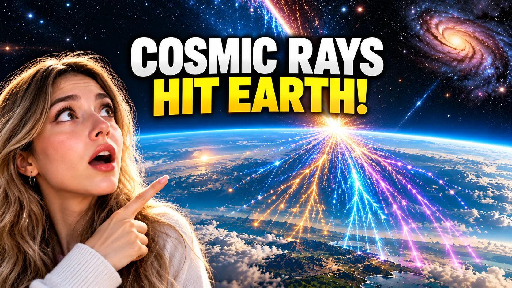 Surprised woman pointing at a cosmic ray striking Earth’s atmosphere and creating a bright particle shower above the planet