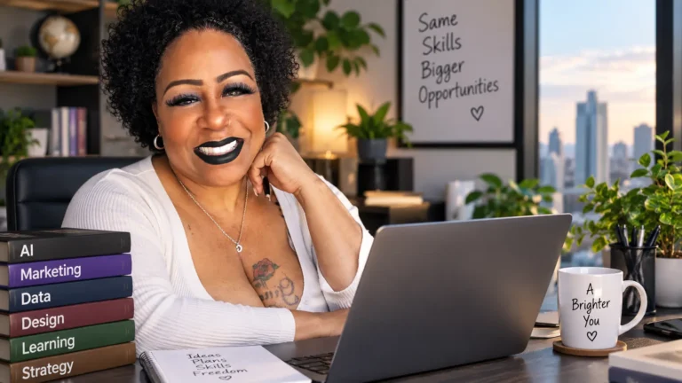 Woman working at a laptop while exploring high-income AI, marketing, data, design, learning, and strategy skills for 2027.
