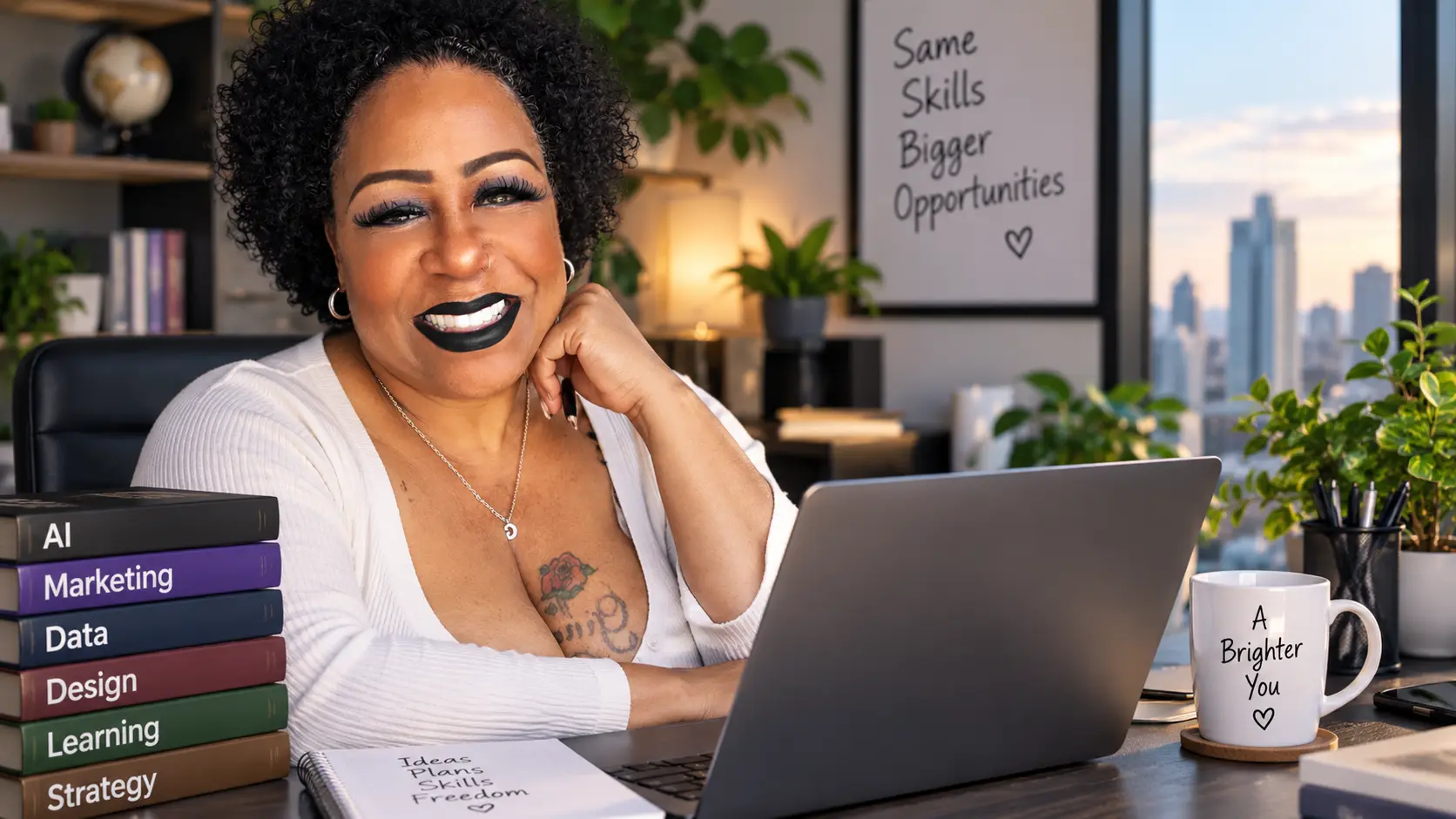 Woman working at a laptop while exploring high-income AI, marketing, data, design, learning, and strategy skills for 2027.