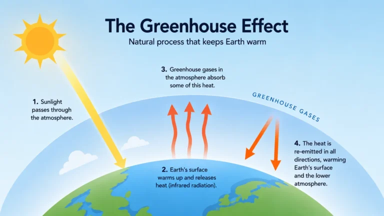 Simple infographic showing how the natural greenhouse effect keeps Earth warm by absorbing and re-emitting some outgoing infrared heat