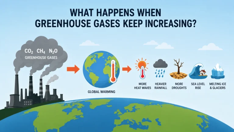 Simple infographic showing how rising greenhouse gases contribute to global warming, heat waves, heavier rainfall, drought, sea-level rise, and melting ice