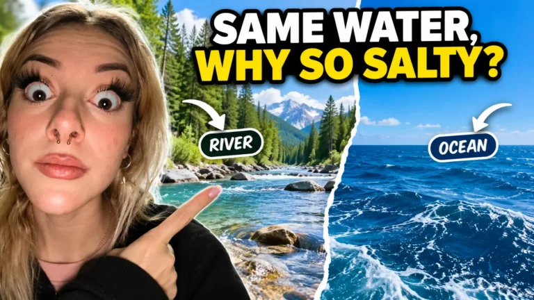 Surprised woman between a freshwater river and the ocean, illustrating why oceans are salty while rivers usually remain fresh