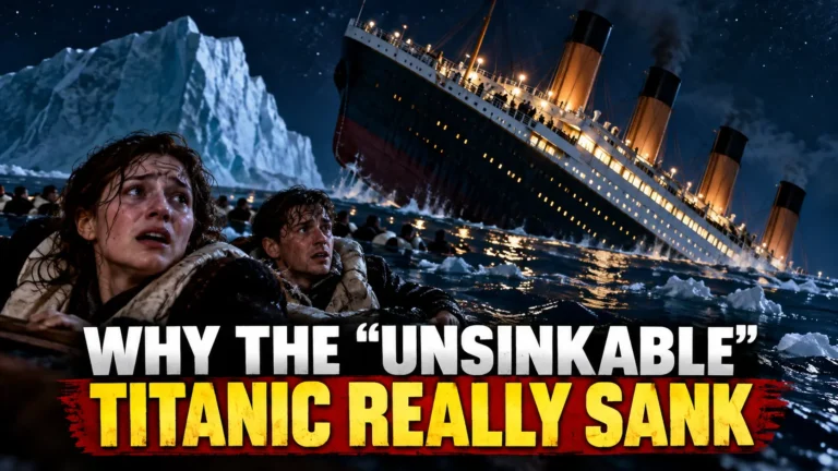 Titanic sinking in the North Atlantic near an iceberg as frightened survivors struggle in the icy water, illustrating the human errors behind the disaster.