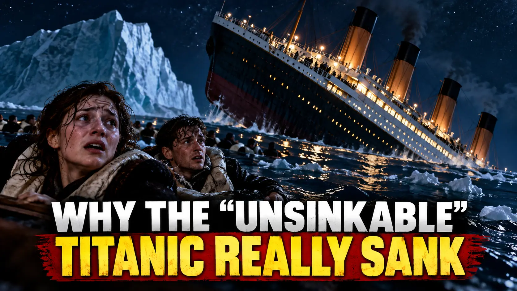 Titanic sinking in the North Atlantic near an iceberg as frightened survivors struggle in the icy water, illustrating the human errors behind the disaster.
