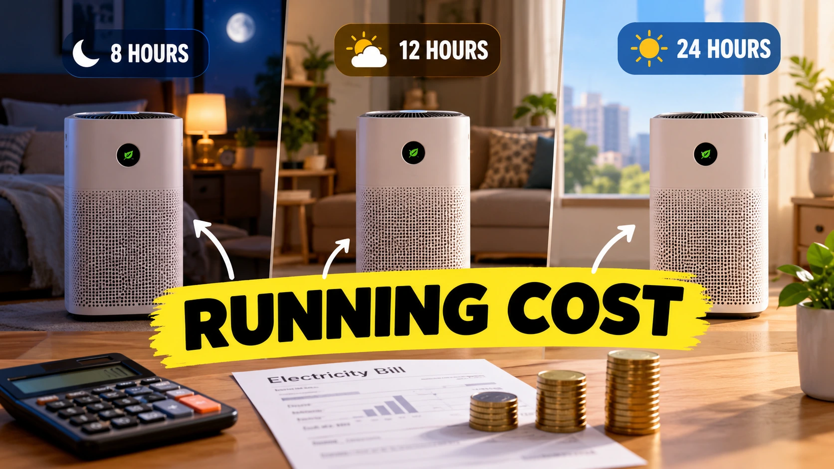 Three air purifiers showing 8, 12, and 24 hours of daily operation, with an electricity bill and coins illustrating running costs.