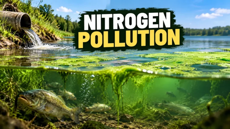 Nitrogen pollution causing green algal growth and poor water quality in a lake, illustrating how excess nitrogen harms aquatic ecosystems.