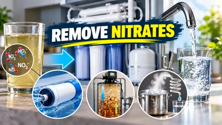 Nitrate removal from water using reverse osmosis, ion exchange, and distillation, shown with contaminated and clean drinking water.