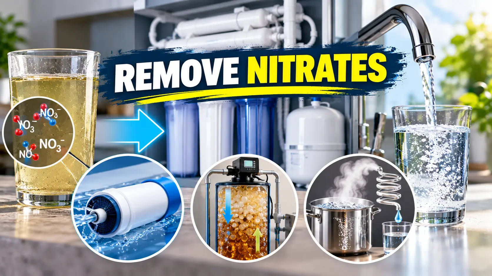 Nitrate removal from water using reverse osmosis, ion exchange, and distillation, shown with contaminated and clean drinking water.