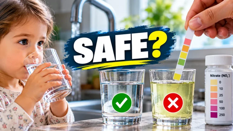 Drinking water nitrate safety testing with a test strip, clear water samples, and a child drinking water to illustrate safe nitrate and nitrite levels.