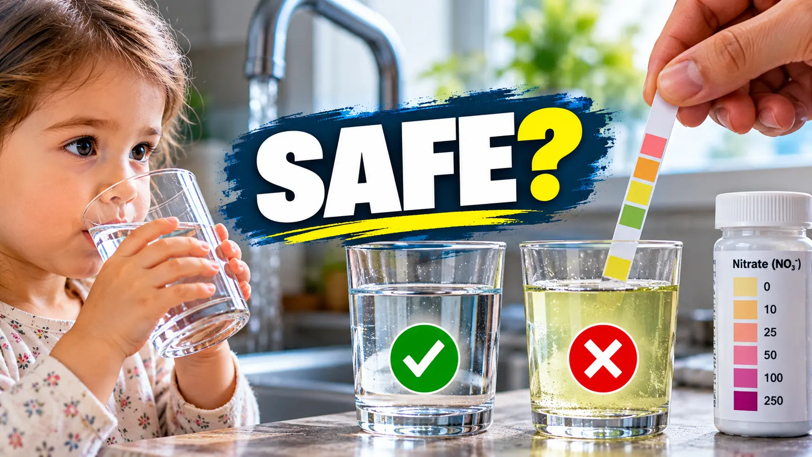 Drinking water nitrate safety testing with a test strip, clear water samples, and a child drinking water to illustrate safe nitrate and nitrite levels.