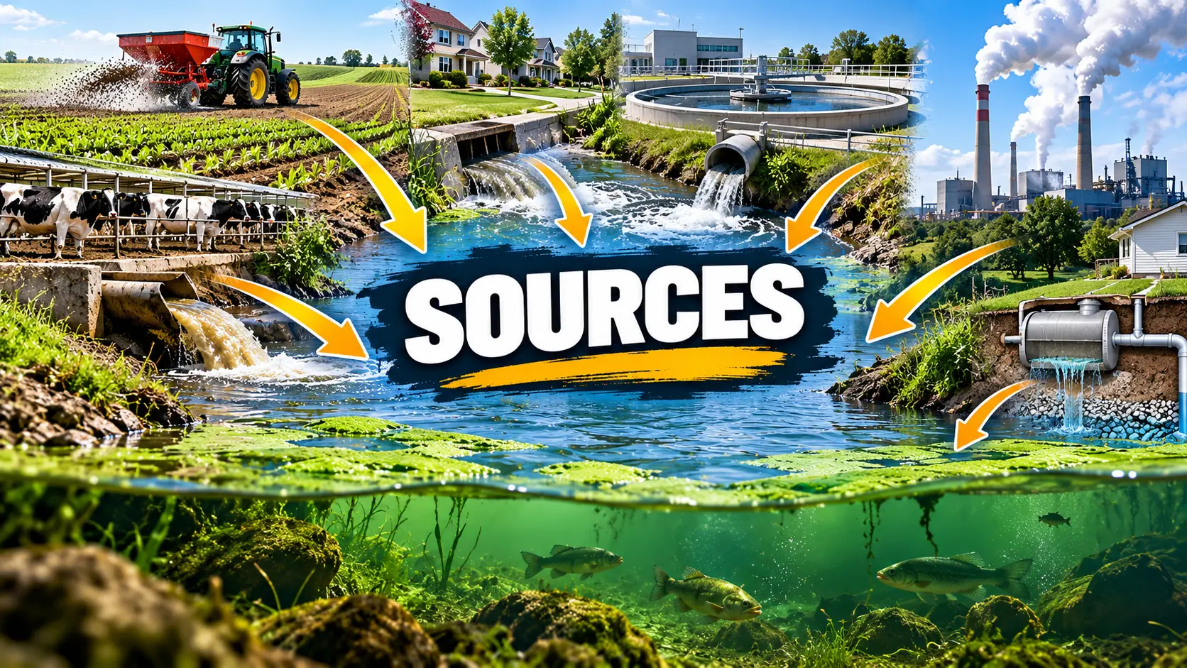 Common sources of nitrogen entering water, including fertilizer runoff, livestock waste, wastewater, industry, urban drainage and septic systems.